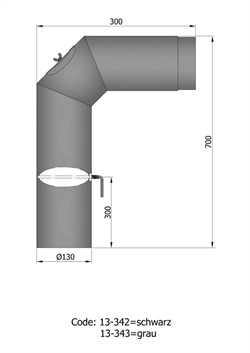 Røgrør Ø: 130 mm bøjning 2x45° med dør og spjæld i sort stål