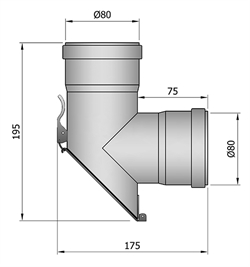 T-sektion F/F Ø:80 mm m. 45° dør m. snaplås, L: 195 mm